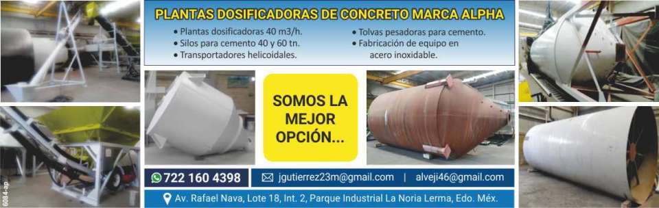 Plantas Dosificadoras de Concreto Marca Alpha.Plantas Dosificadoras 40m3/h. Silos para Cemento 40 y 60 ton.Transportadores helicoidales.Tolvas pesadoras para cemento.Fabricacion de equipo en acero.