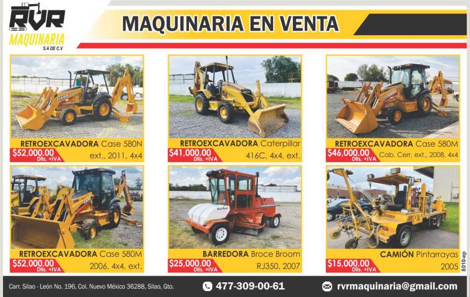 Maquinaria en Venta. Retroexcavadoras Caterpillar 420E, 416C, 580N, Case 580M y 580N, Barredora Broce Broom, Camion Pintarrayas.