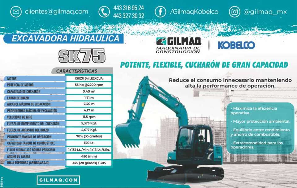 SK75 Hydraulic Excavator, Powerful, Flexible, Large Capacity Bucket. Reduces unnecessary consumption while maintaining high operating performance.