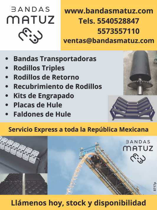 Bandas Transportadoras, Rodillos Triples, Rodillos de Retorno, Recubrimiento de Rodillos, Kits de Engrapado, Placas y Faldones de Hule. Servicio Express a todo Mexico. Contamos con Stock.